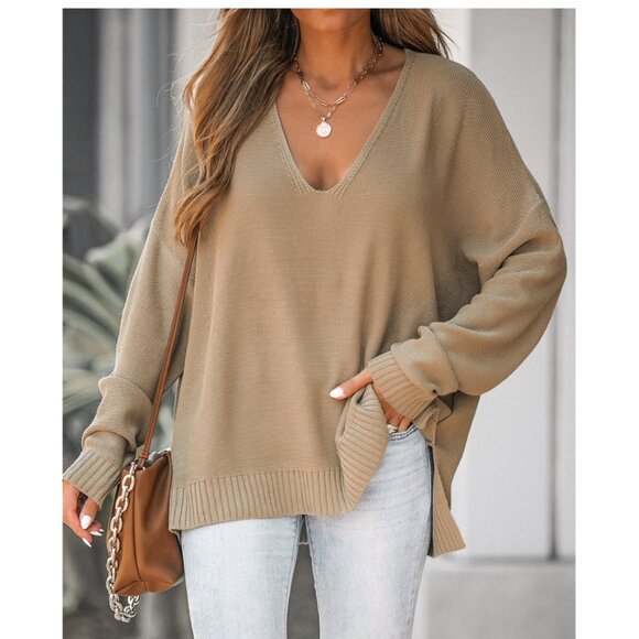 Cupshe Sweaters - NWT Cupshe Women's V-Neck Oversized Sweater Tan Beige Size Small
